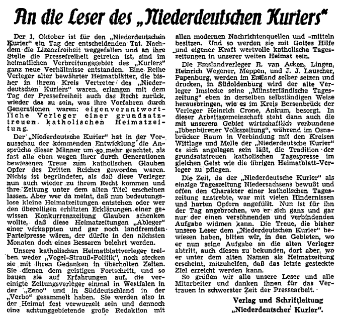 Niederdeutscher Kurier vom 30:09:1949