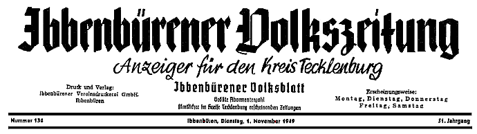 Zeitungstitel der Ibbenbürener Volkszeitung - 1. Oktober 1949 bis 1951 