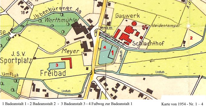 Stadtplan von 1954 mit den Badeanstalten