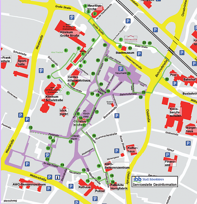 Karte zum Sandstein-Spaziergang durch Ibbenbüren (Wegeführung in grün)