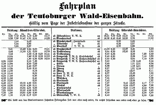 Fahrplan der TWE zur Eröffnung in Ibbenbüren (Letztes Teilstück Laer–Ibbenbüren)